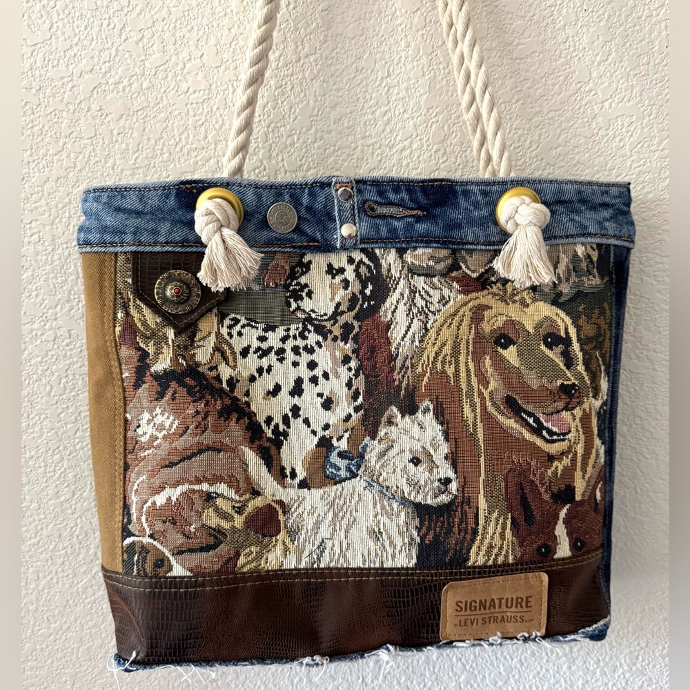 Denim bag Dog Tapestry Tote Bag with Denim & Rope Handles- Upcycled Shoulder Bag